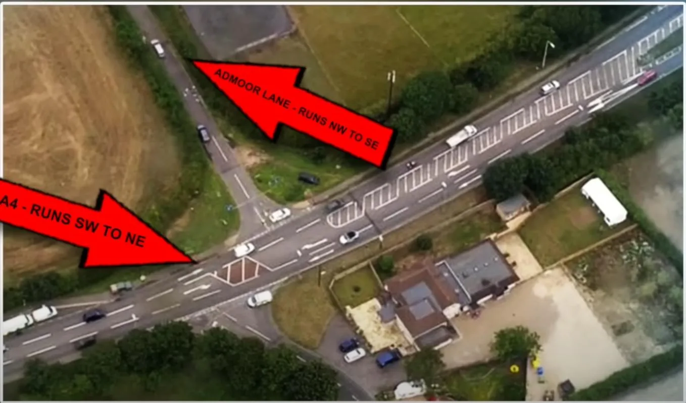 The Intersection; A4 Runs SW to NE, Admoor Lane Runs NW to SE