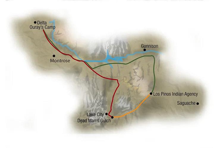 This map shows how the party's path diverged significantly from their intended route, driving them deeper into the snow-covered mountains rather than skirting them along the river.